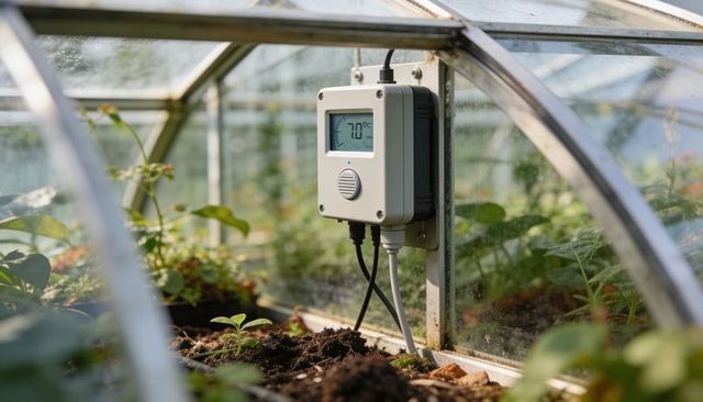 Displaying digital temperature controller mounted inside greenhouse showing 7°c