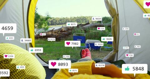 Relaxation by the Lake with Social Media Connection in Tent