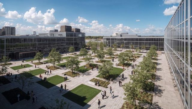 Modern corporate campus courtyard, glass facades, green plazas and walking professionals