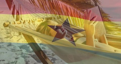 Relaxing woman reading in hammock with ghana flag overlay on sunlit tropical beach sunset