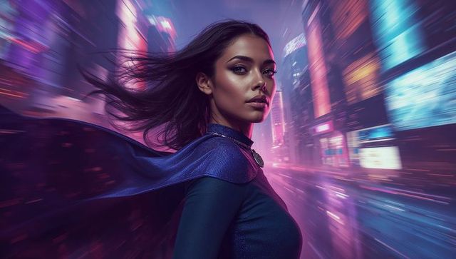 Futuristic Superheroine in Neon-Lit Cyberpunk Cityscape