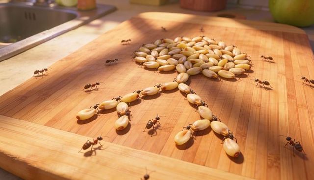 Ant colony marching over seeds forming tree on bamboo cutting board in sunlit kitchen