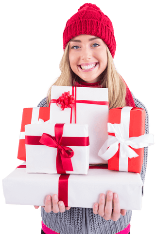 Happy Woman Holding Stack of Festive Christmas Gifts Transparent Background