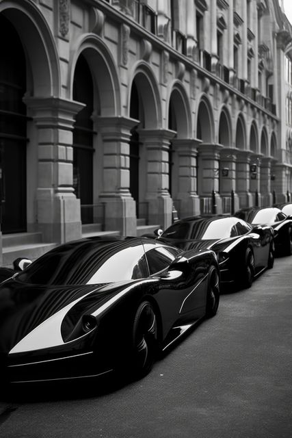 A lineup of sleek sports cars parked on a city street. Luxury vehicles like these symbolize status and high-performance engineering.