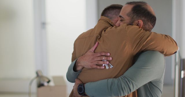 Two men embrace warmly in a new home, holding a set of keys, symbolizing support and a milestone. Useful for themes related to friendship, moving into a new home, celebrating new beginnings, and emotional moments. Perfect for real estate promotions, supportive relationships, and housing market materials.