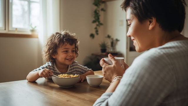 Smiling preschooler and parent sharing cozy morning breakfast at wooden table, warm light