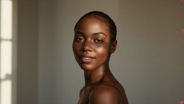 Sunlit minimal portrait smiling woman with glowing skin wearing thin-strap top