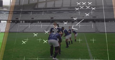 Rugby team strategizing on field with playbook overlay