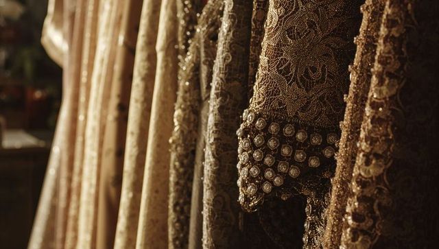 Opulent gold embroidered sleeve showcasing crystal bead cuff, intricate metallic beading