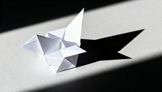 Minimal White Origami Crane Casting Dramatic Shadow on Smooth Gray Tabletop with Strong Studio Light