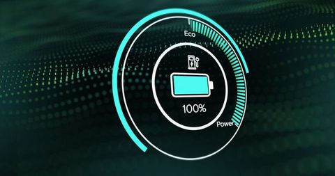 Futuristic circular battery gauge hud showing 100% eco power with neon segmented ring