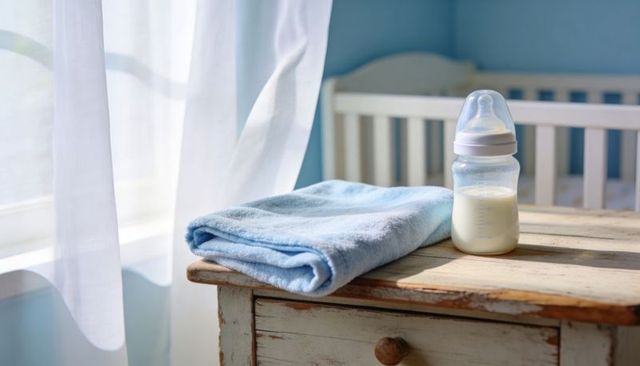 Sunlit nursery still life with baby bottle and soft blue blanket resting on vintage dresser