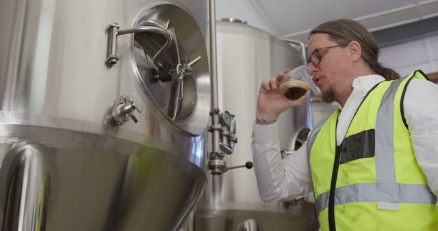 Brewery worker is tasting beer from a sample glass in front of large stainless steel tanks. The individual wears a high-visibility safety vest, indicating adherence to safety protocols. This setting suggests an industrial environment wherein quality control of brewed products is crucial. Useful for articles on the brewing process, industrial operations, beer manufacturing, and workplace safety in food and beverage production.