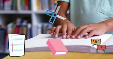 Close-Up of Child Reading Braille with School Icons Overlay