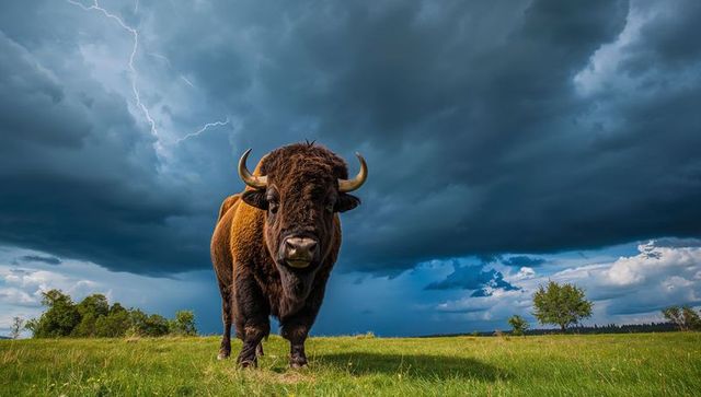 American bison standing facing camera on grassland under dramatic thunderstorm with lightning