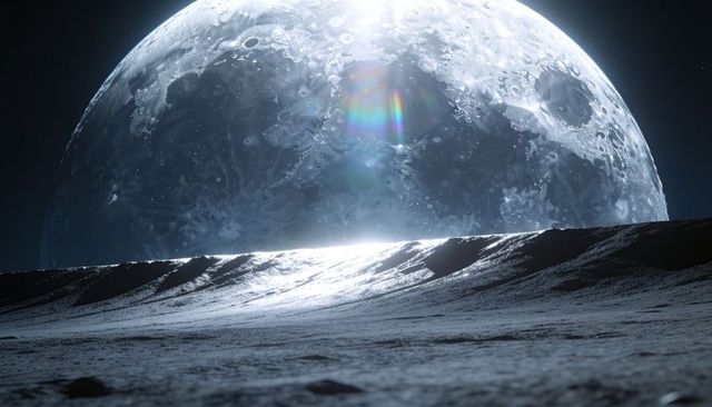 Massive cratered moon rising over lunar ridge with reflective regolith and lens flare