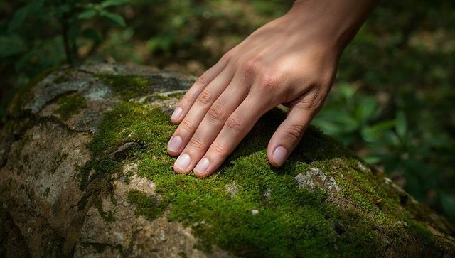 Adult hand touching soft green moss on rock for forest nature connection and texture