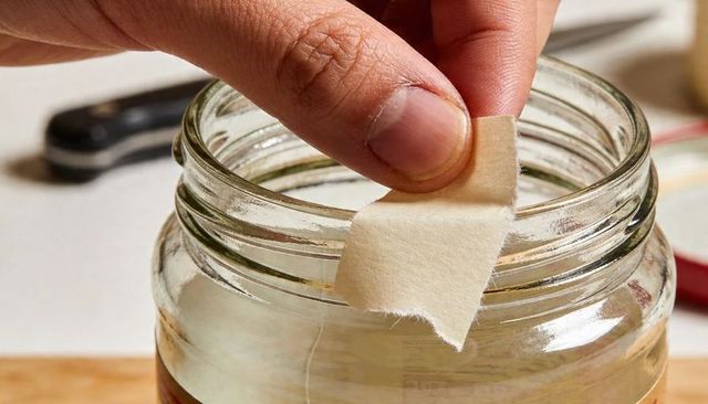 Hand peeling masking tape from glass jar rim closeup for diy repair and craft projects