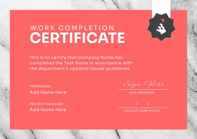 Image of template of work completion certificate on coral background. Job contracts, certificates, occupation and employment concept.