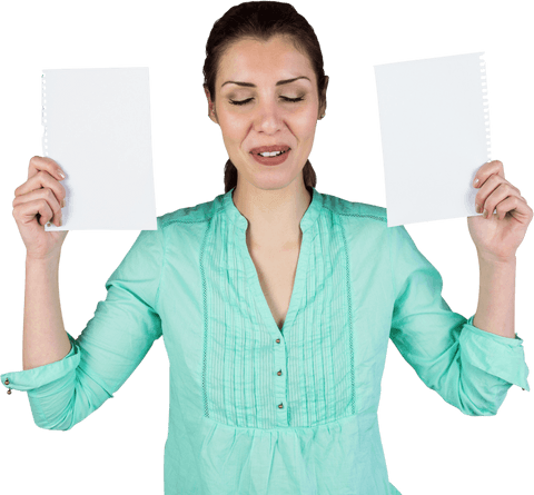 Smiling Woman in Green Top Holding Blank Papers on Transparent Background