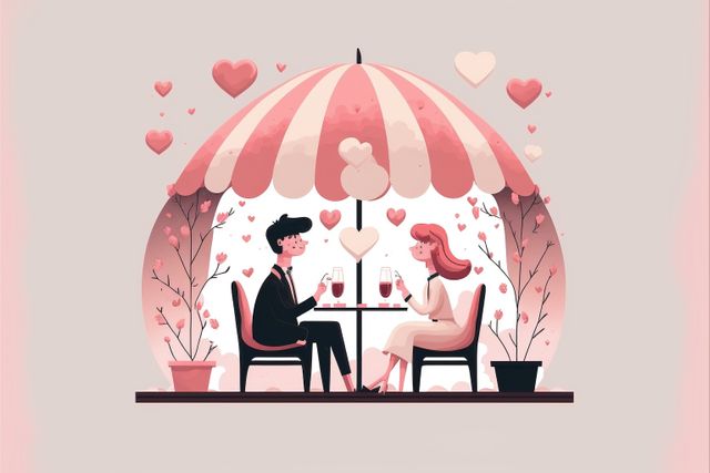 A charming illustration showing a couple on a romantic date under a large heart-decorated umbrella. They are sitting at a small table, sharing drinks and surrounded by heart motifs. This can be used for Valentine's Day promotions, greeting cards, and social media posts to evoke feelings of love and romance.