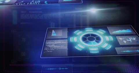 Futuristic Neon Blue Holographic Interface in Command Center