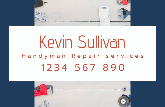 This design showcases an array of essential tools, including wrenches, tape measure, and pliers, symbolizing expertise and professionalism in handyman repair services. The minimalistic design with clear contact information highlights a trustworthy handyman service, ideal for use in business card designs, advertisements, and promotional materials for repair businesses.
