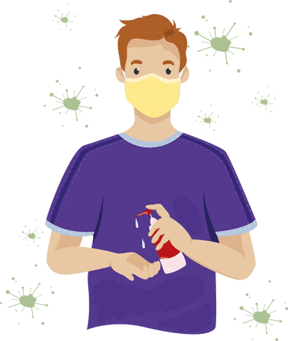 Man in mask using hand sanitizer on transparent background