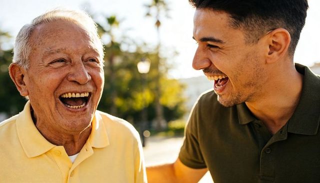 Multigenerational laughter: senior man and young adult laughing together in sunlit park