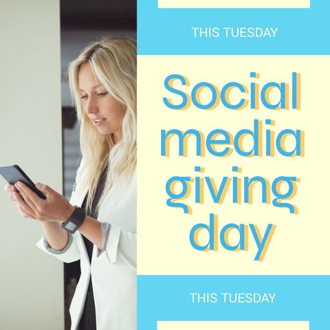 Social Media Giving Day Promo with Woman Using Smartphone - Download Free Stock Templates Pikwizard.com