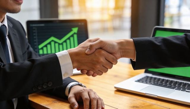 Business handshake sealing partnership with laptops showing rising growth charts