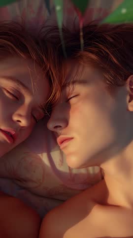 Resting couple sharing dappled sunlight and moving leaf shadows vertical lifestyle video