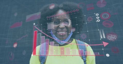 Smiling African American Woman with Face Mask and COVID-19 Data Overlay