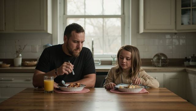 Father and daughter eating pancakes at kitchen table sharing morning breakfast moment