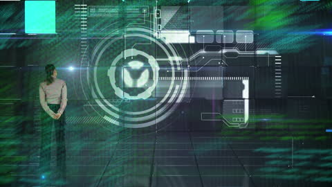 Woman Viewing Digital Interface with File Scanning Animation