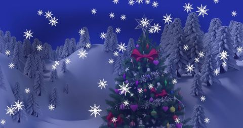 Charming Christmas Tree Amidst Winter Wonderland with Falling Snow