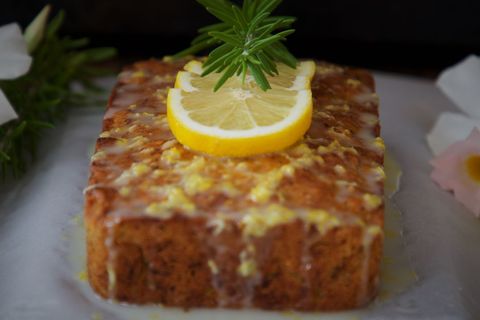 Lemon-glazed pound cake with fresh rosemary garnish