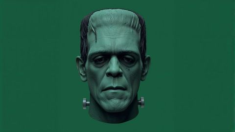 Frankenstein bust illustration with detailed features on green background