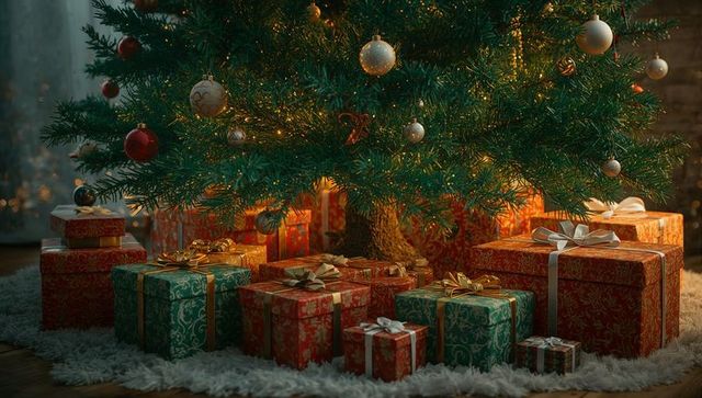 Holiday gifts under decorated christmas tree with string lights