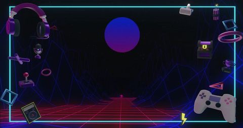 Retro Futuristic Gaming Landscape with Tech Elements