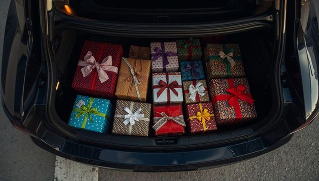 Car trunk full of festive wrapped gifts