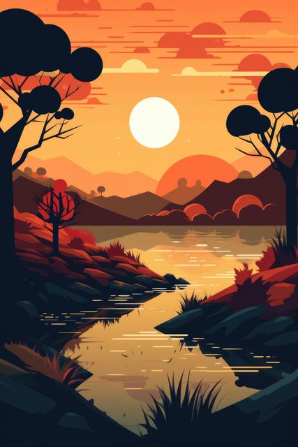 Illustration of a sunset creating a serene and vibrant landscape. The image features a river surrounded by lush green trees and mountains in the background with the sun setting and casting a beautiful orange hue over the scenery. Great for use in art projects, wall decor, nature-focused marketing materials, and websites promoting tranquility or outdoor activities.