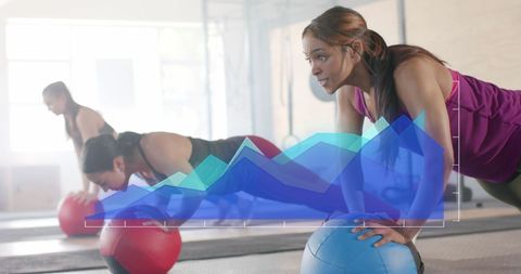 Diverse Women Exercising with Digital Fitness Data Interface