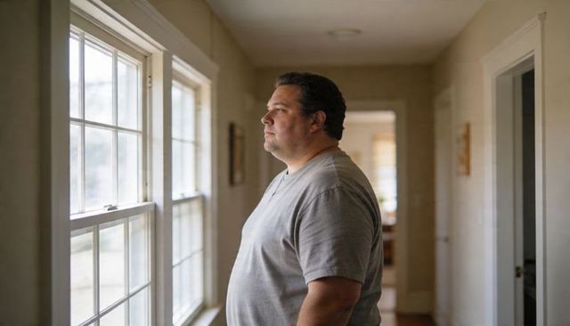 Contemplative middle-aged man gazing out pane window in sunlit corridor introspective mood