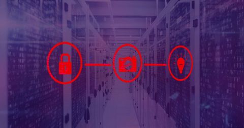 Cybersecurity Icons Overlay on Data Center Servers - Download Free Stock Images Pikwizard.com