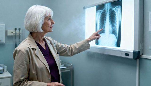 Senior female doctor pointing at chest X-ray on lightbox examining thoracic radiograph