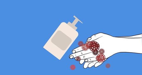 Hand sanitizer killing virus on hands conceptual illustration