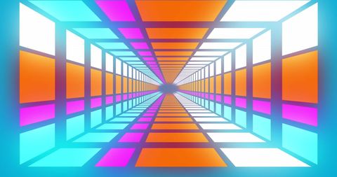 Futuristic neon tunnel with vibrant square patterns