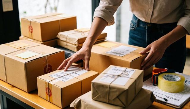 Small Business Owner Packing Labeled Parcels for Shipping and Fulfillment on Wooden Desk