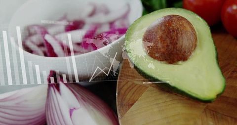 Avocado with Red Onion and Data Visualization Overlay